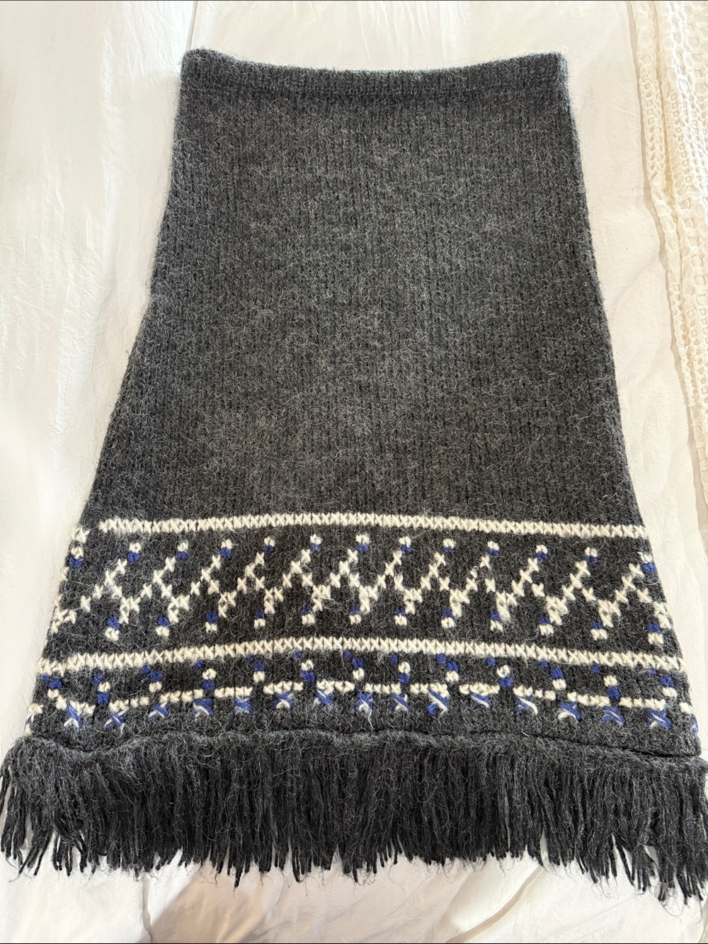 Free People Dark Gray Knit Fringe Hem Skirt with Nordic Accent - Great Condition
